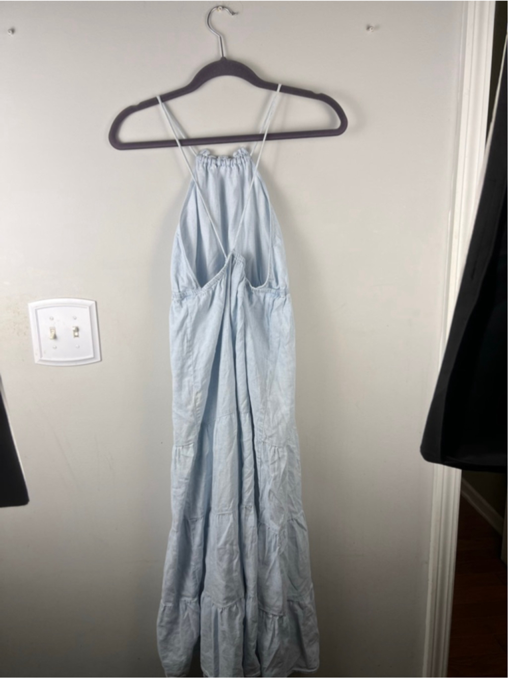 Zara Light Blue Cotton Linen Maxi Dress Womens S Halter Open Back Tiered Summer - Picture 4 of 6